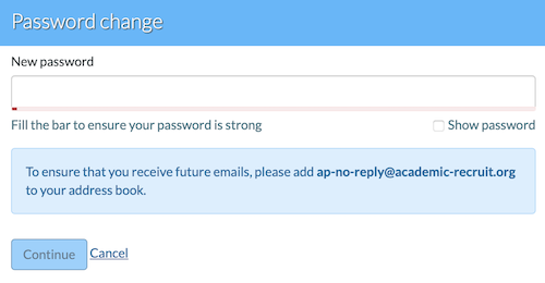 Password reset form displaying password complexity meter